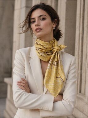GUCCI Vintage Yellow Equestrian Silk Scarf – Horsebit Chain Print 34”